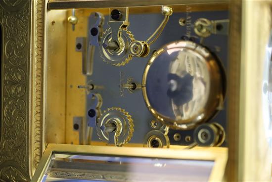 A late 19th century French ormolu hour repeating giant carriage clock, with alarm, height 7in.